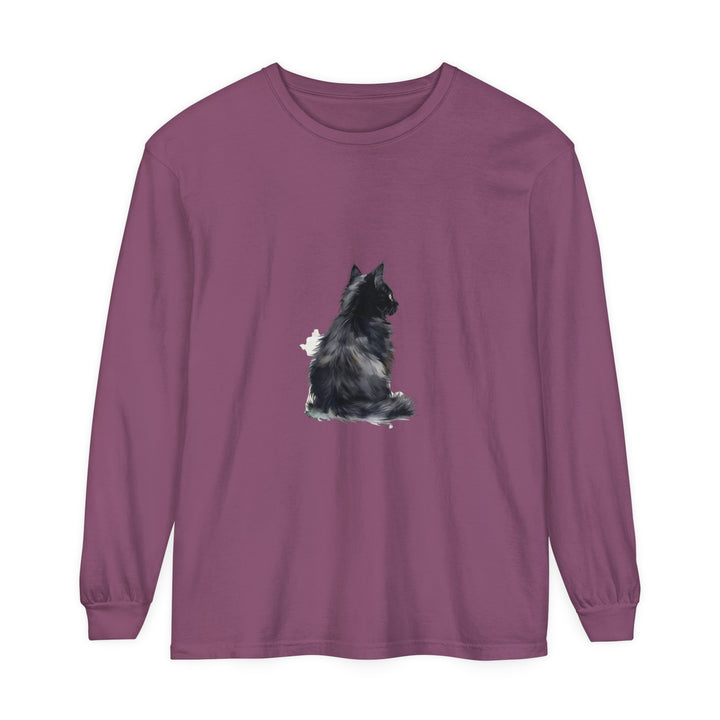 Black and white watercolor long sleeve t-shirt featuring an adorable cat design