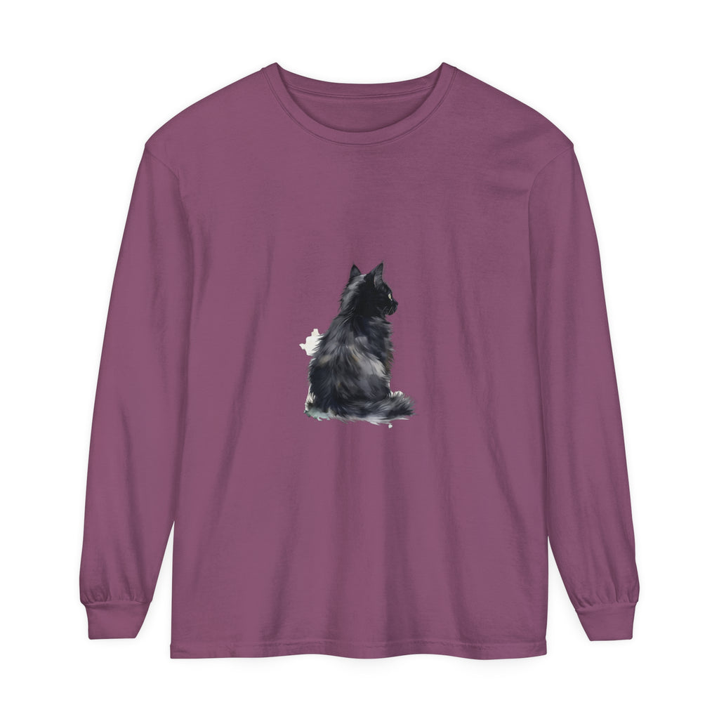 Black and white watercolor long sleeve t-shirt featuring an adorable cat design