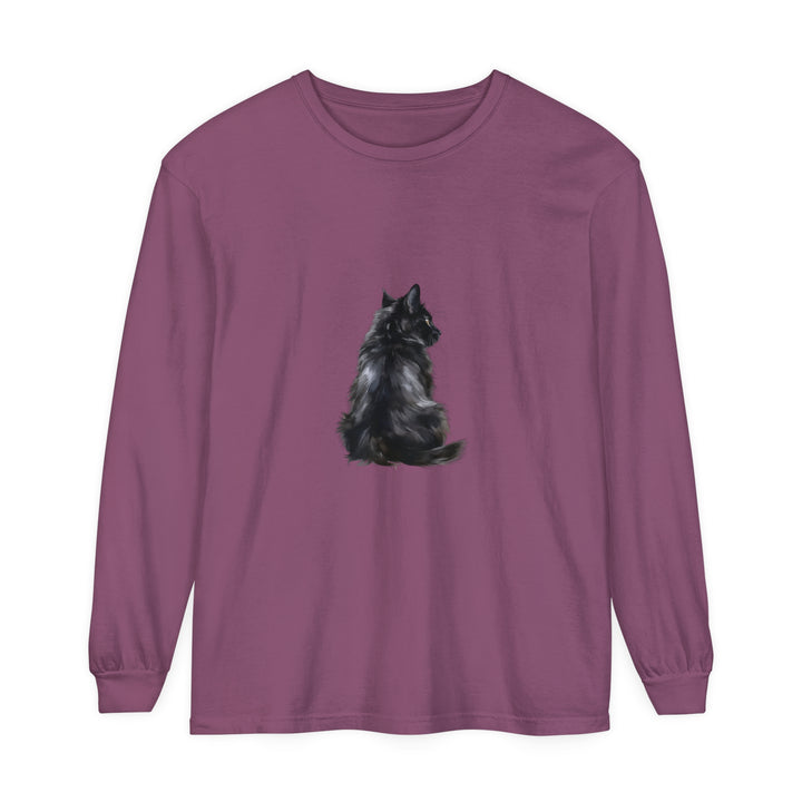 Black Cat Mystique Long Sleeve T-Shirt with intricate cat design and striking black color