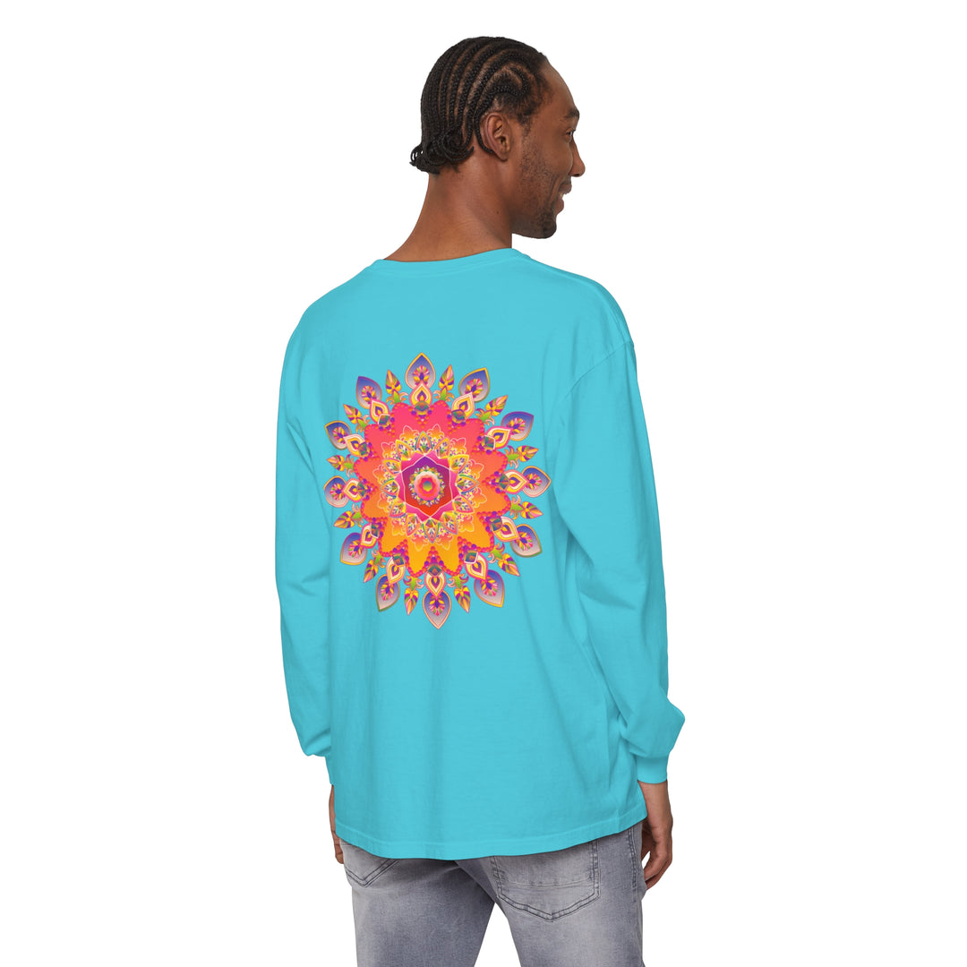 Colorful and intricate mandala design unisex long sleeve t-shirt on model