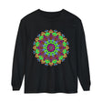 A vibrant and intricately designed unisex long sleeve T-shirt featuring a colorful mandala pattern