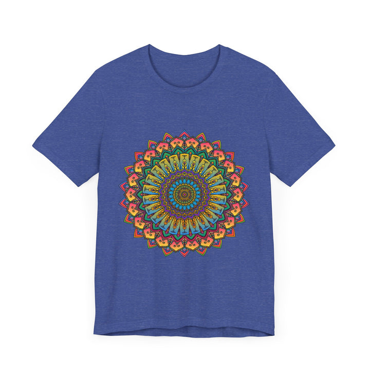 A close-up image of a vibrant and intricate mandala pattern on a meditation tee, featuring an array of bright and bold colors