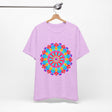 A vibrant and detailed mandala design t-shirt, featuring psychedelic art