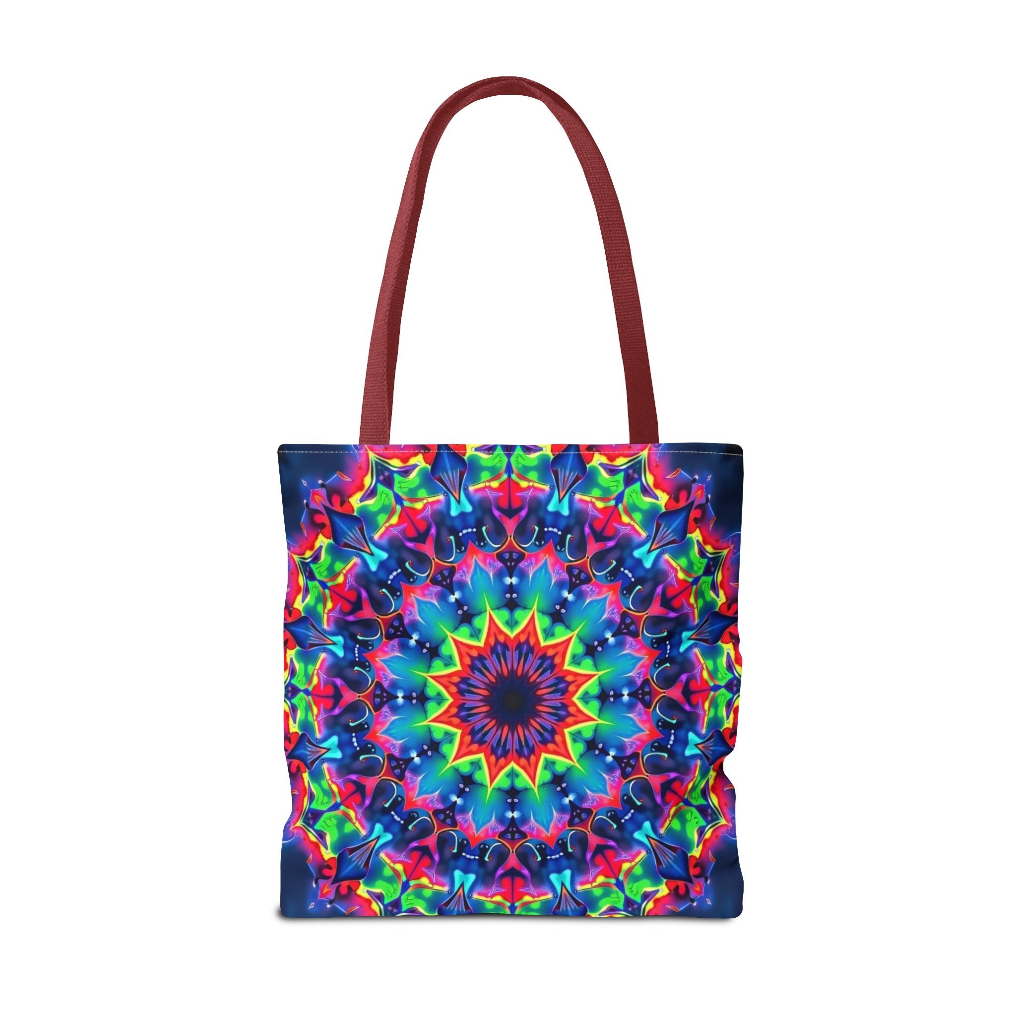 Colorful and intricate psychedelic mandala tote bag, perfect for carrying your belongings in style