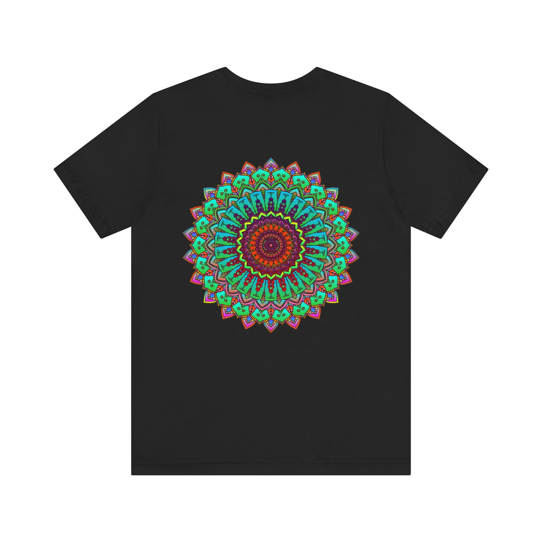 A vibrant and colorful mandala tee featuring intricate patterns for spiritual peace and harmony