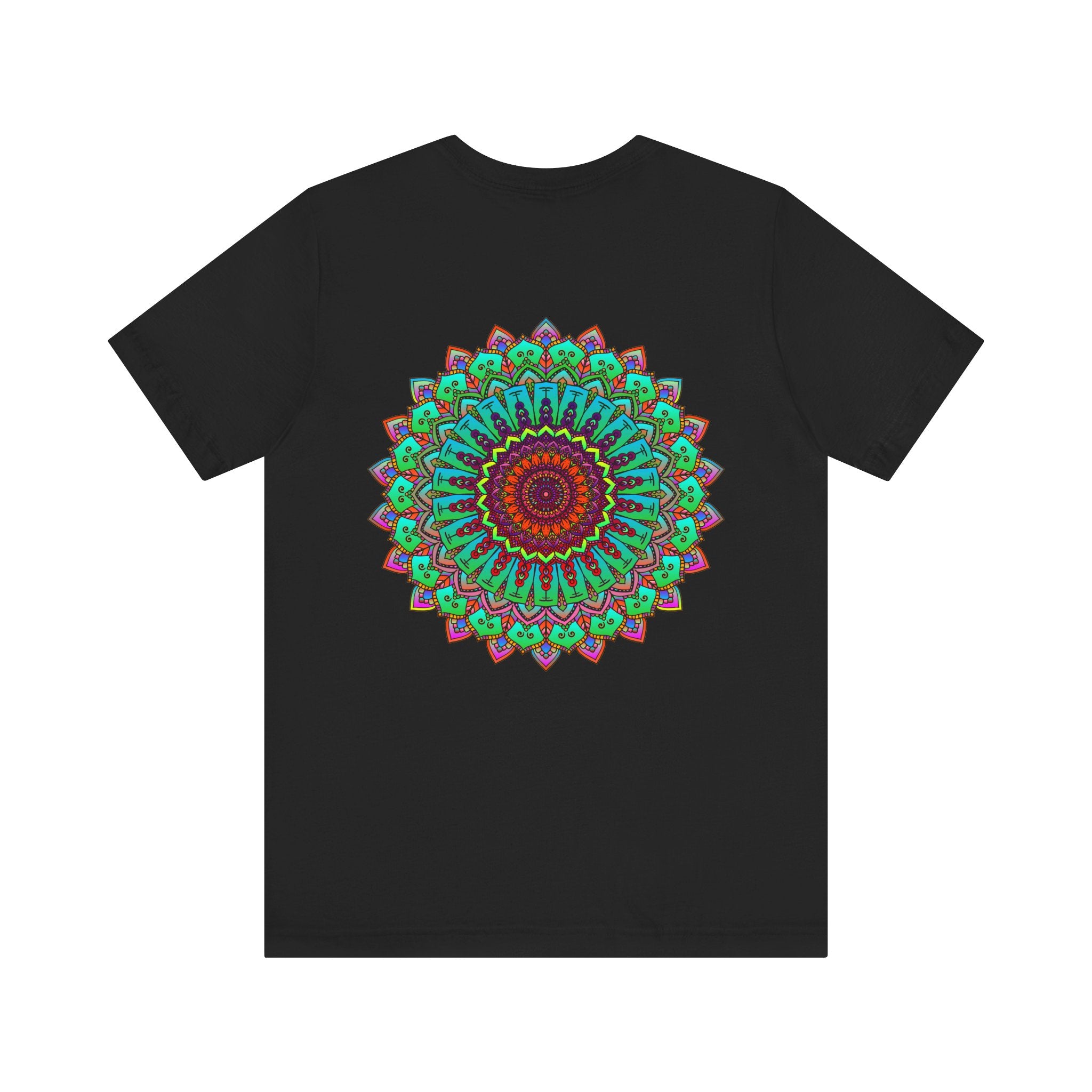 A vibrant and colorful mandala tee featuring intricate patterns for spiritual peace and harmony