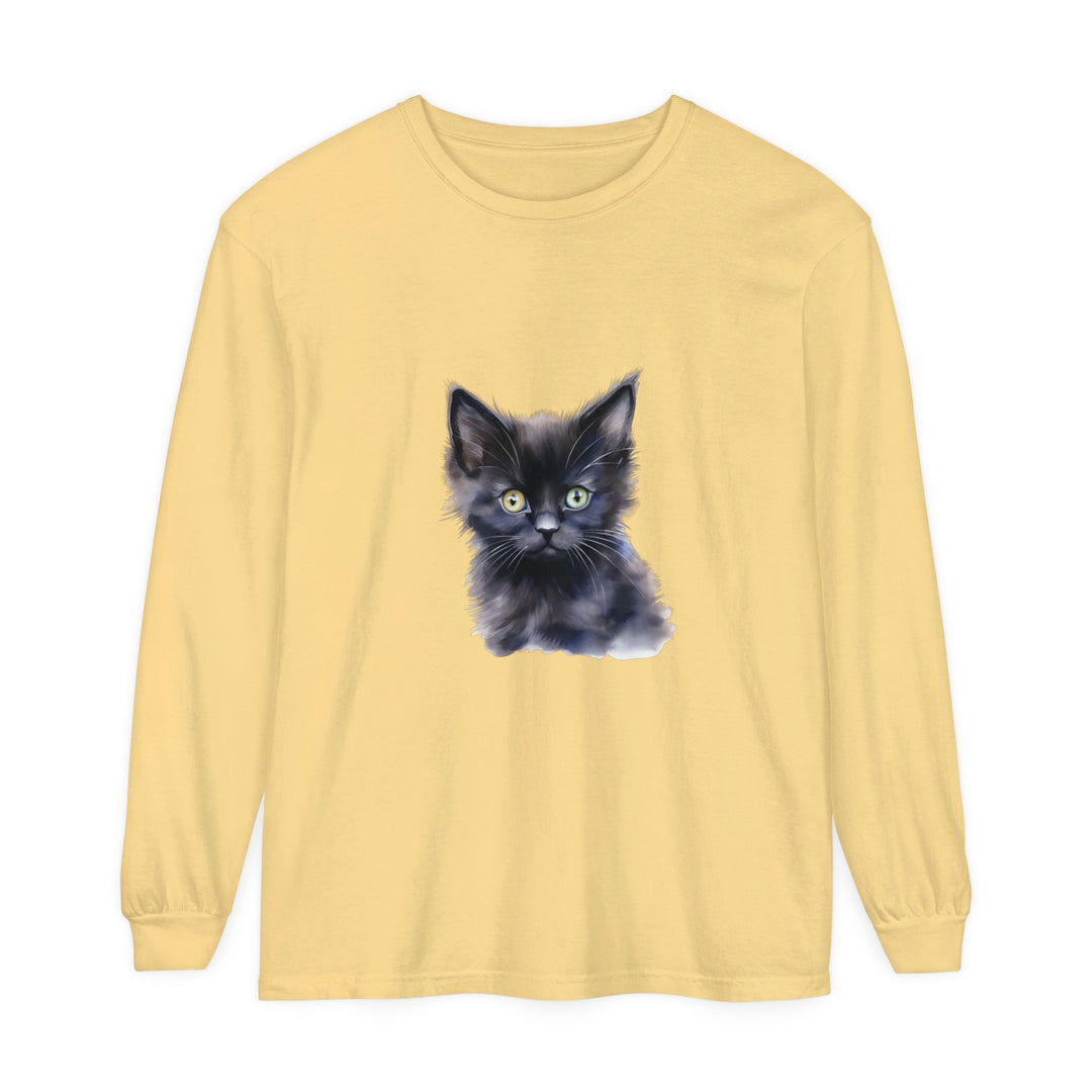 A close-up image of a Mystical Kitten Unisex Long Sleeve T-Shirt in black with a colorful and vibrant design featuring a mystical kitten surrounded by stars and moons