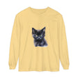 A close-up image of a Mystical Kitten Unisex Long Sleeve T-Shirt in black with a colorful and vibrant design featuring a mystical kitten surrounded by stars and moons
