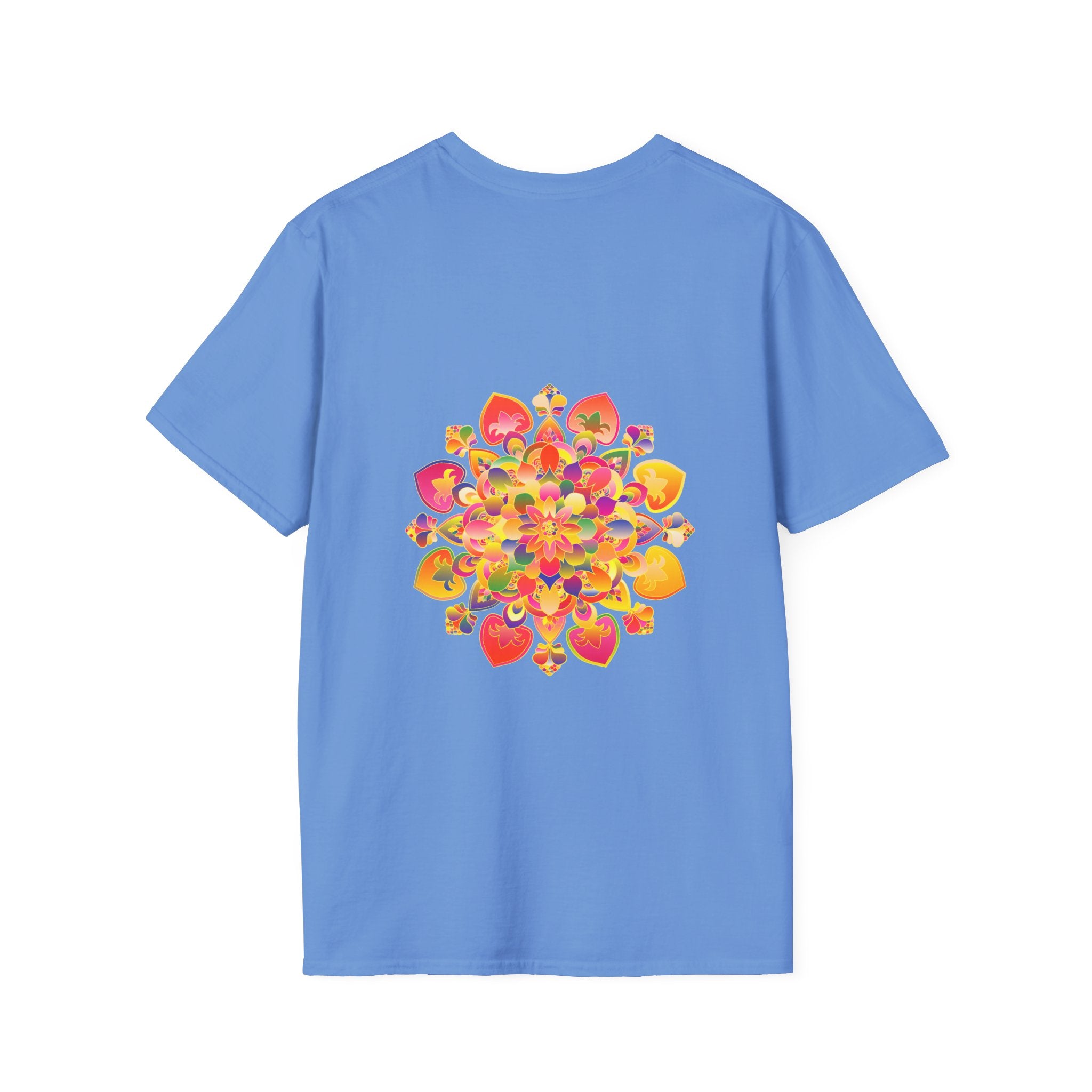 Lotus Mandala Unisex T-Shirt with a Hand-Drawn Unique Design by Blululi, a beautiful and intricate piece of wearable art featuring a lotus flower mandala in vibrant colors