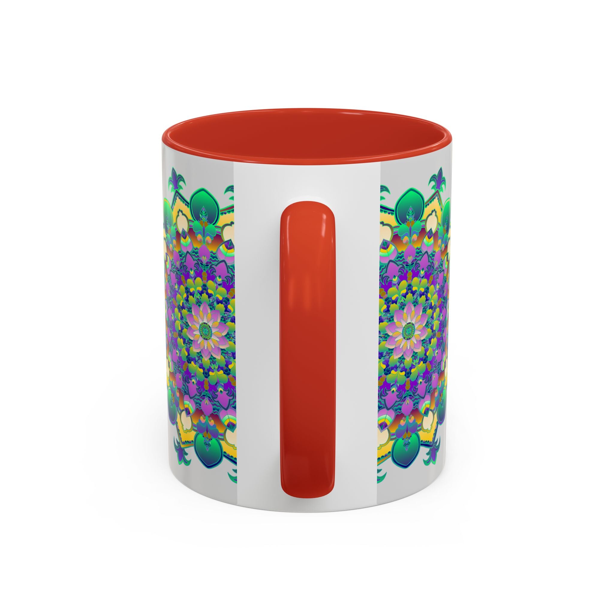 Vibrant mandala art printed on a light grey mug