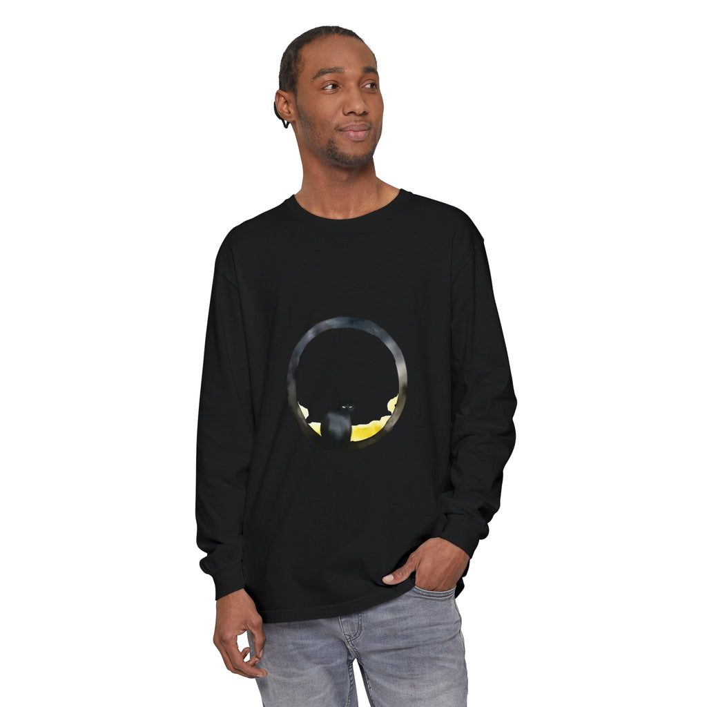 Black Cat Moon Glow Long Sleeve T-Shirt: A black cotton t-shirt featuring a glowing moon and a black cat design on the long sleeves