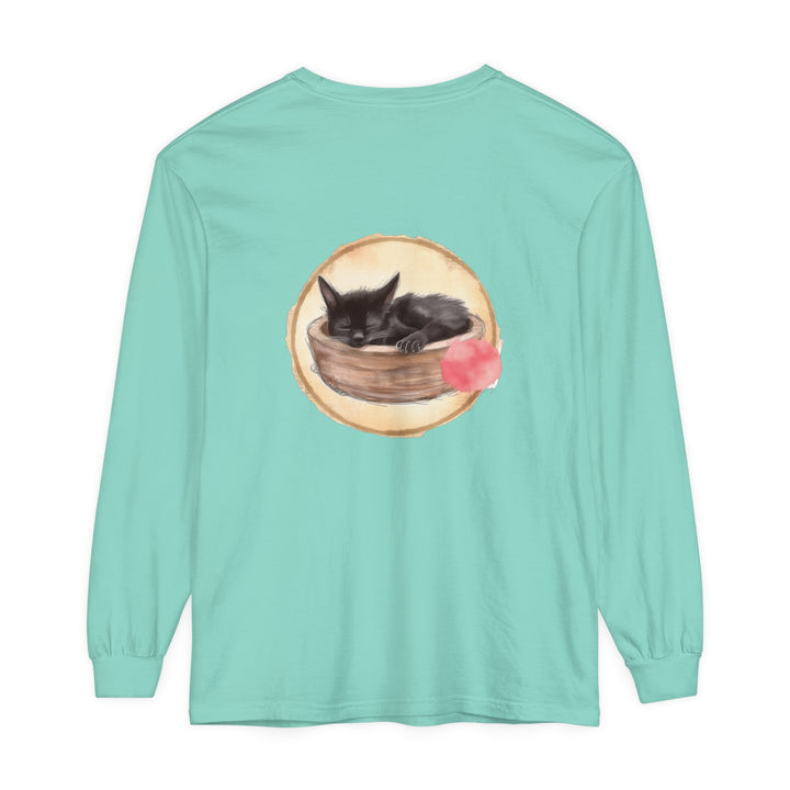 Adorable watercolor illustration of a sleeping cat in a bowl on a long sleeve t-shirt