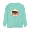 Adorable watercolor illustration of a sleeping cat in a bowl on a long sleeve t-shirt