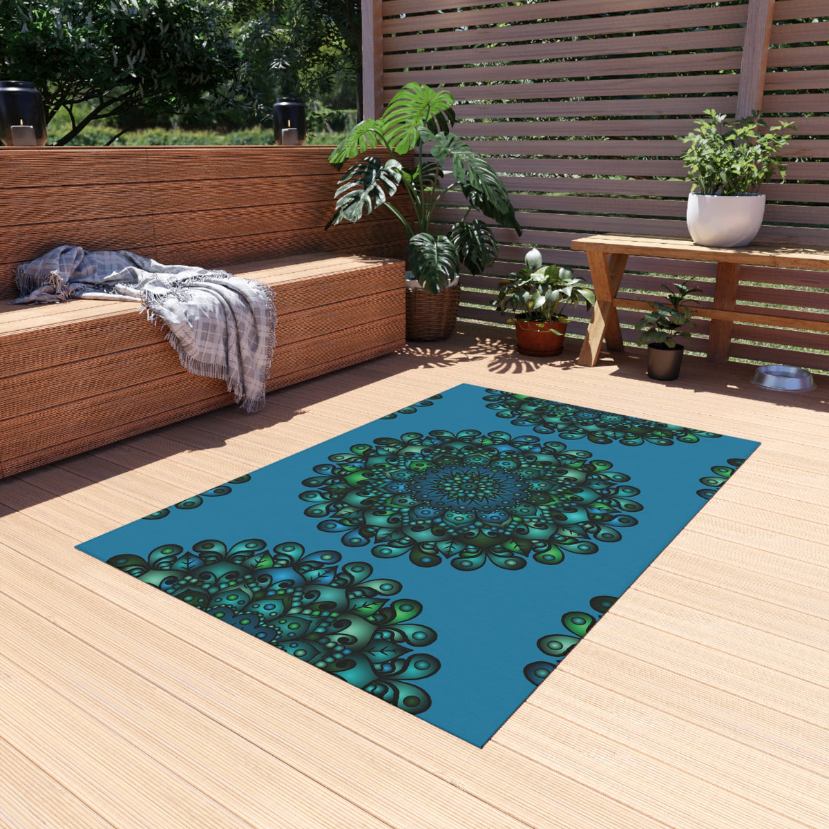 Blau-grüner Mandala-Outdoor-Teppich — Wetterfeste Terrassenmatte