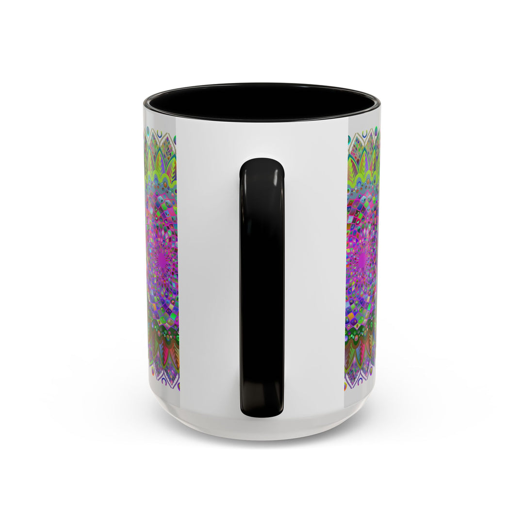 Vibrant and colorful psychedelic mandala design on a grey ceramic mug