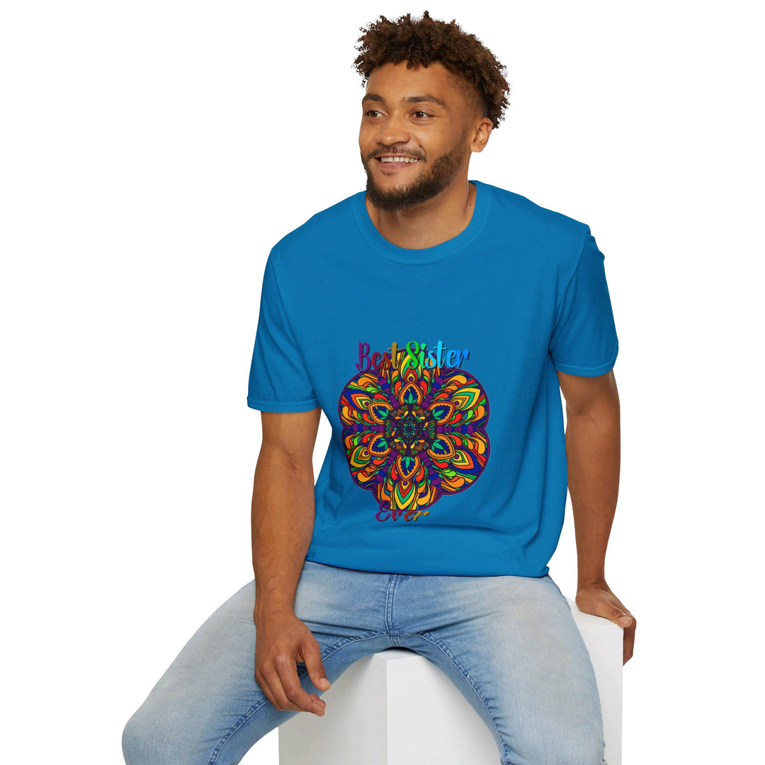 Unisex softstyle T-shirt featuring a hand-drawn mandala art design, perfect as a thoughtful gift for your sister