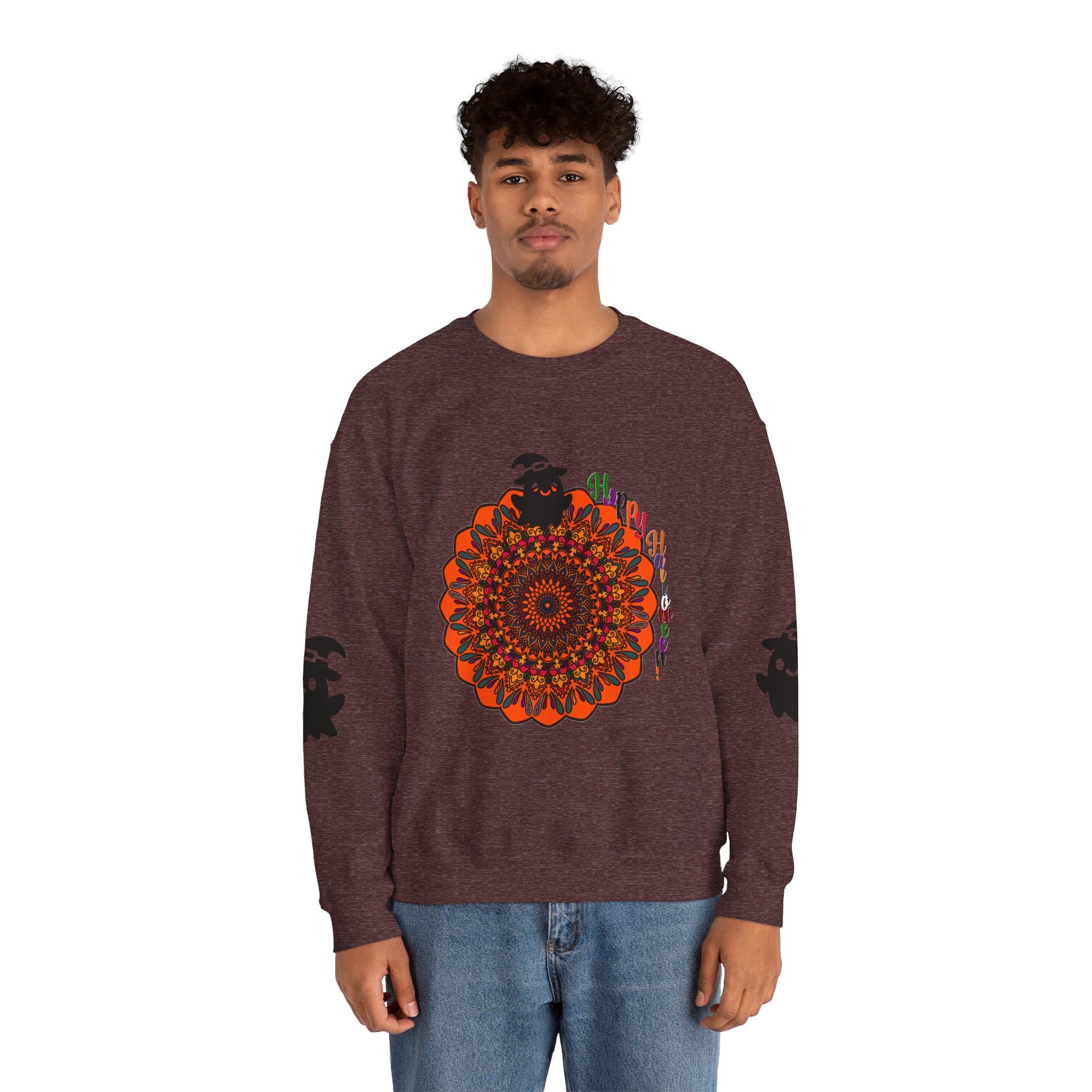 A cozy Unisex Heavy Blend™ Crewneck Sweatshirt featuring adorable Halloween-themed ghosts