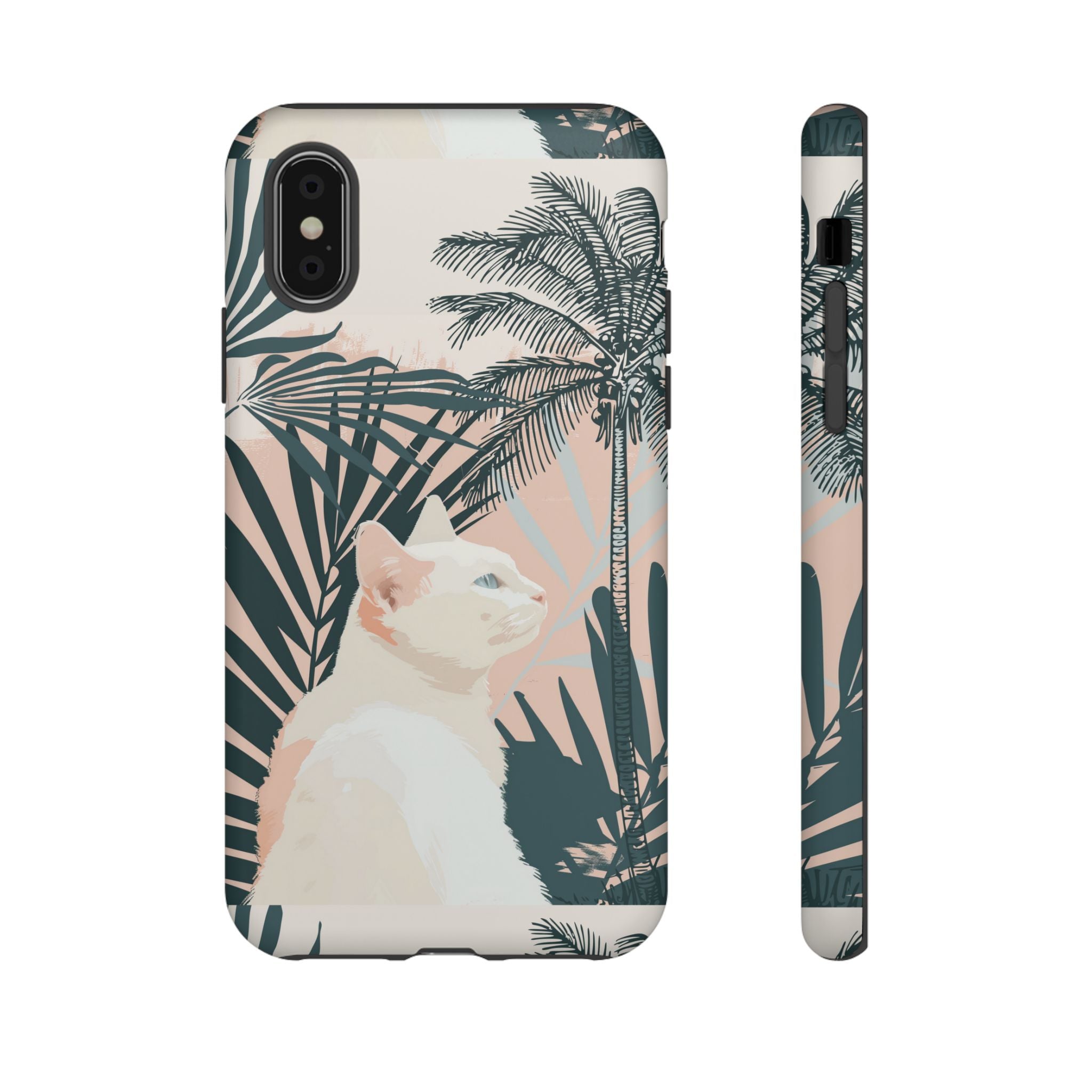 Tropische Katzen-Telefonhülle mit üppigen Palmenmotiven und sanften Pastelltönen