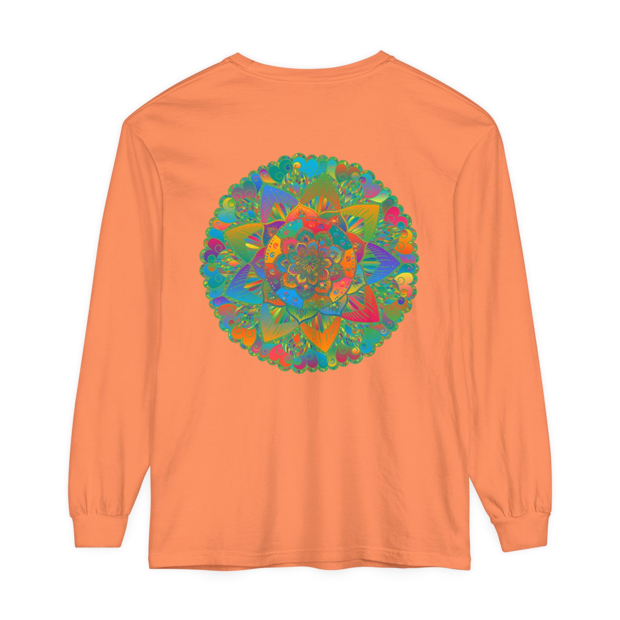 A colorful mandala design adorns this comfortable unisex long sleeve t-shirt