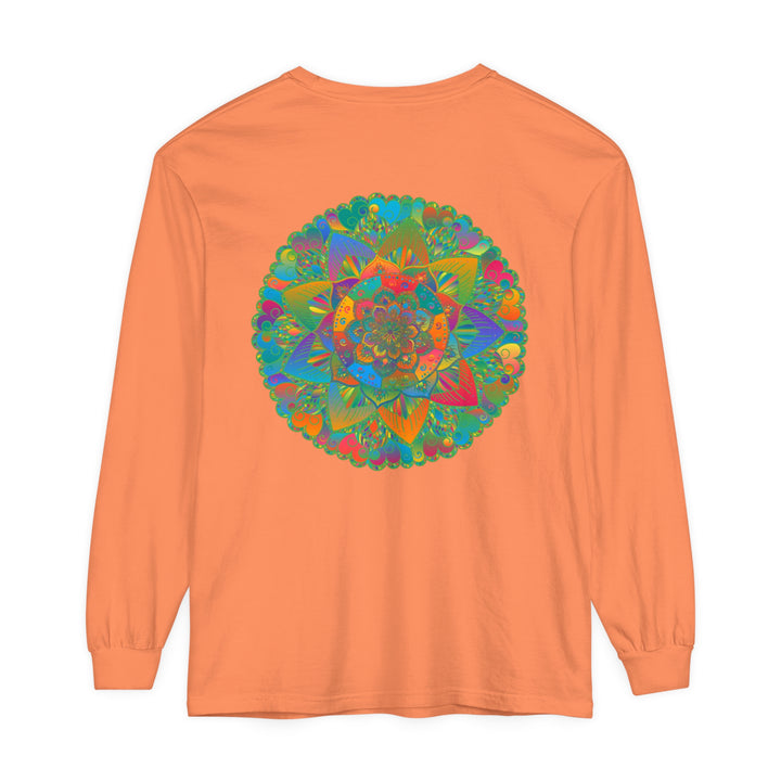 A colorful mandala design adorns this comfortable unisex long sleeve t-shirt