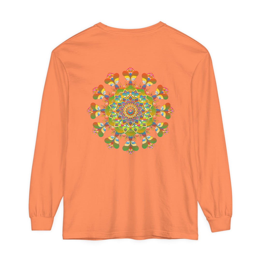 Colorful long sleeve t-shirt featuring a vibrant mandala design, perfect for adding a pop of colorful art to your wardrobe