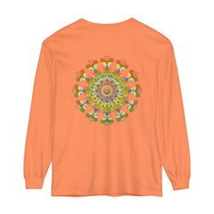 Colorful long sleeve t-shirt featuring a vibrant mandala design, perfect for adding a pop of colorful art to your wardrobe