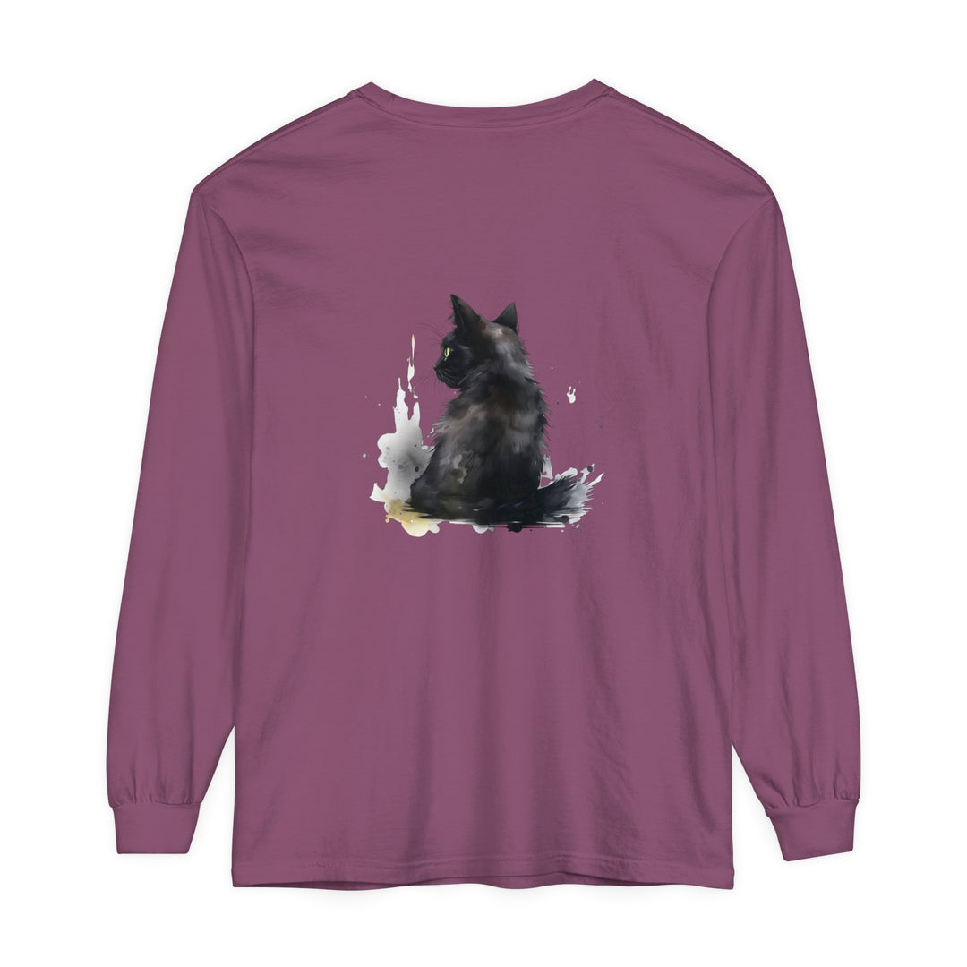 Black Cat Watercolor Dream Long Sleeve T-Shirt with vibrant watercolor design