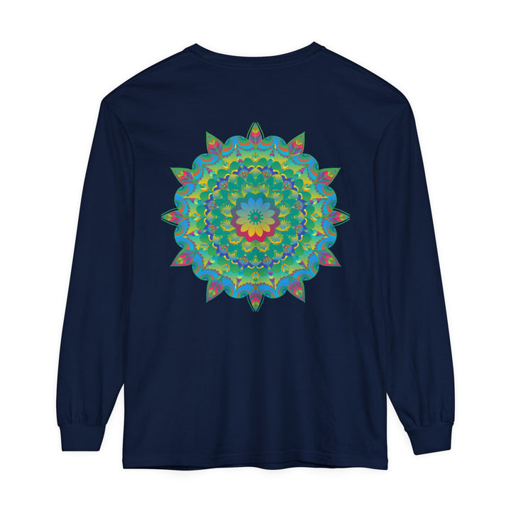 Colorful and intricate psychedelic mandala design on a long sleeve t-shirt