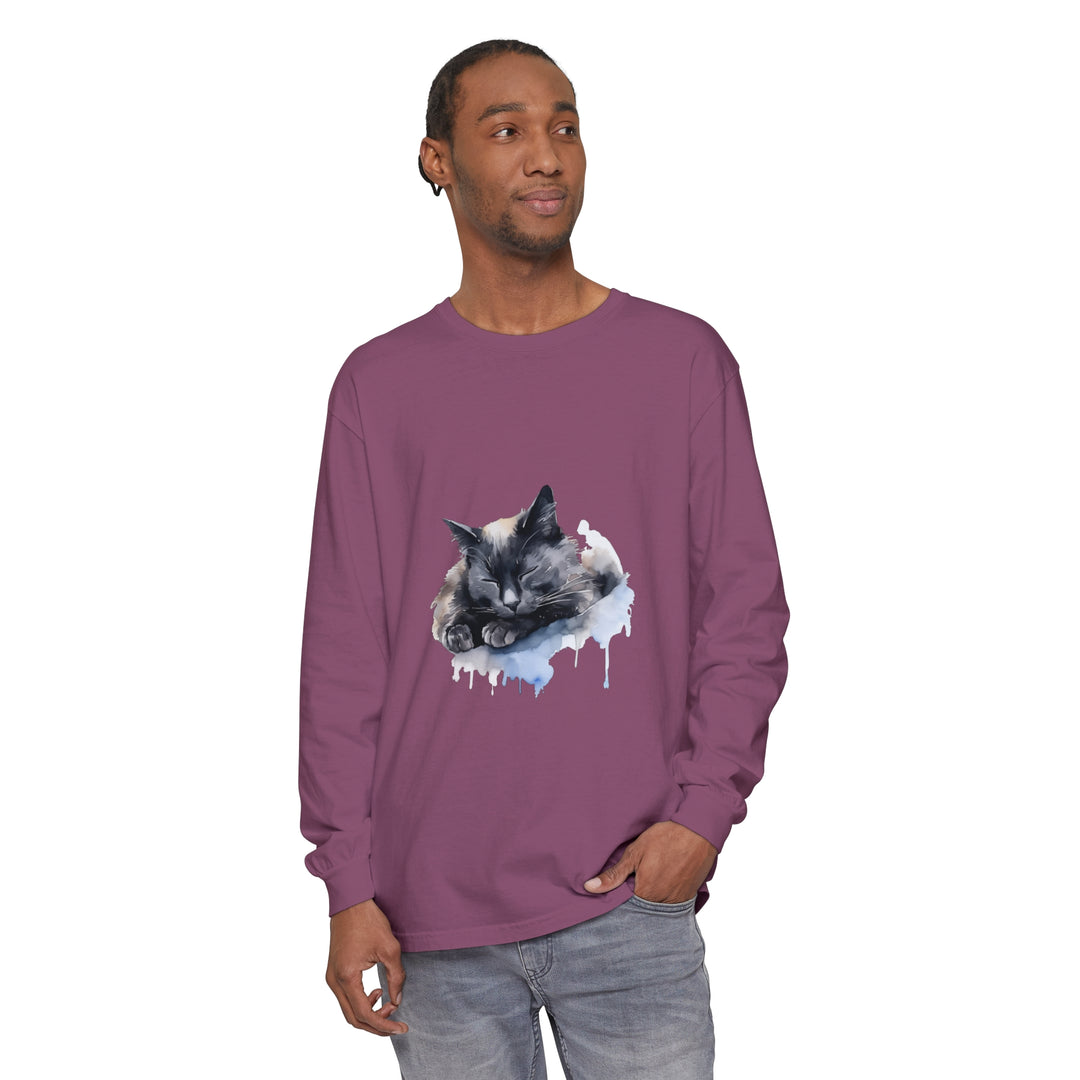 Colorful watercolor painting of a sleeping cat printed on a comfortable t-shirt