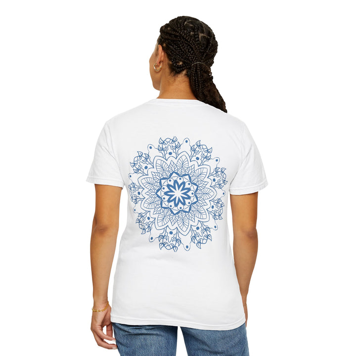 Handmade mandala art t-shirt featuring vibrant colors and intricate designs, perfect for anyone looking for a unique unisex garment-dyed tee