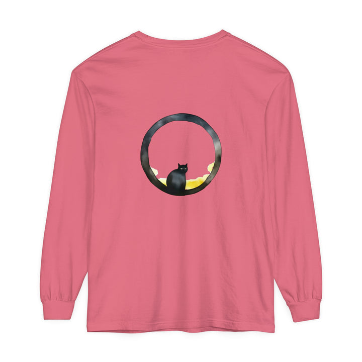 Black long sleeve t-shirt with moon and cat graphic design