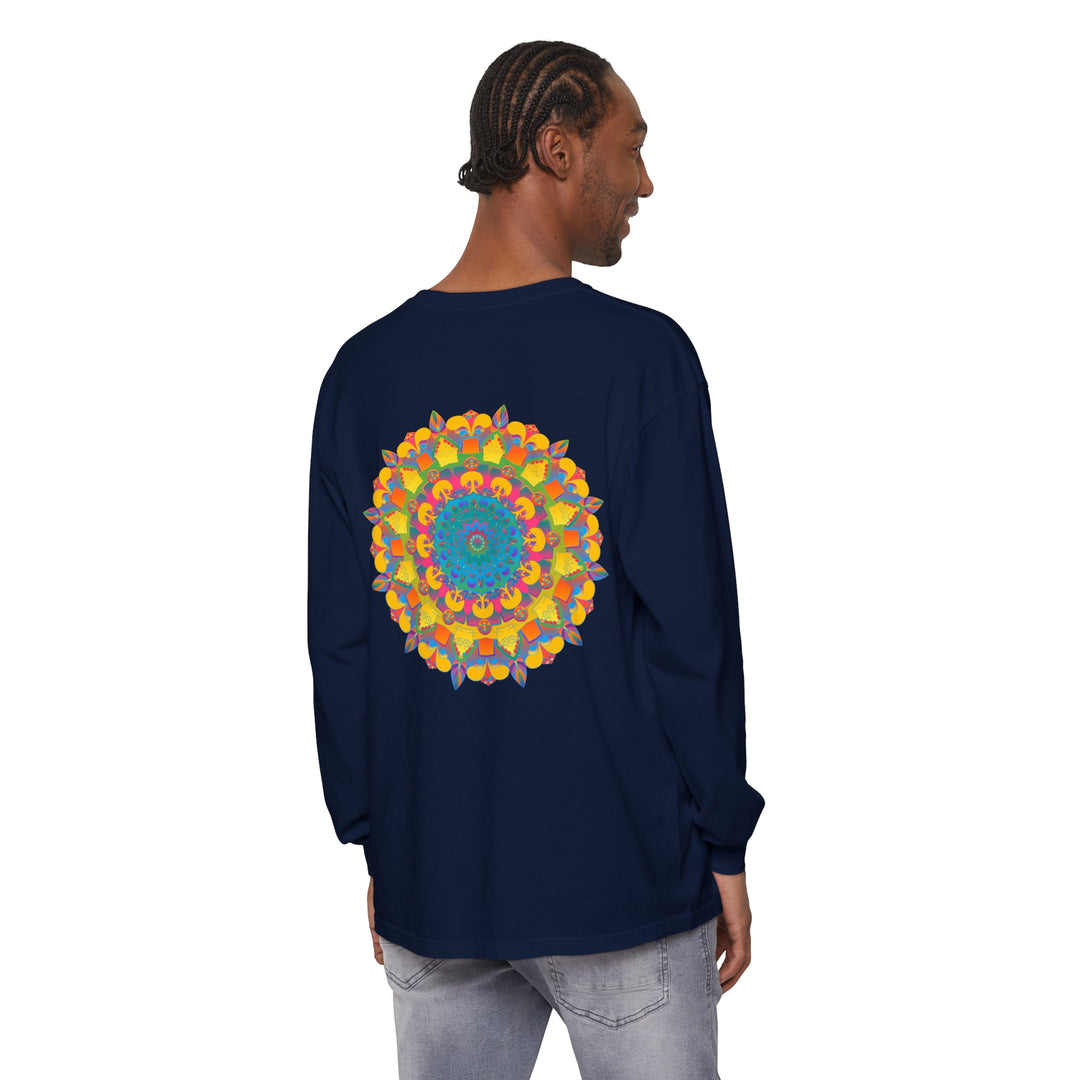 Vibrant Mandala Unisex Long Sleeve T-Shirt with intricate, colorful geometric design