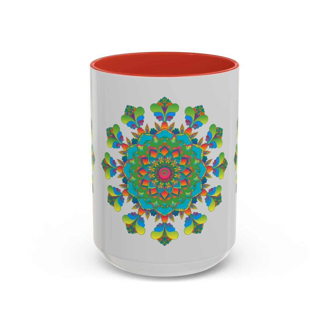 Beautiful mandala art mug with vibrant and intricate colors on a sleek grey background, perfect for adding a touch of elegance to your morning routine