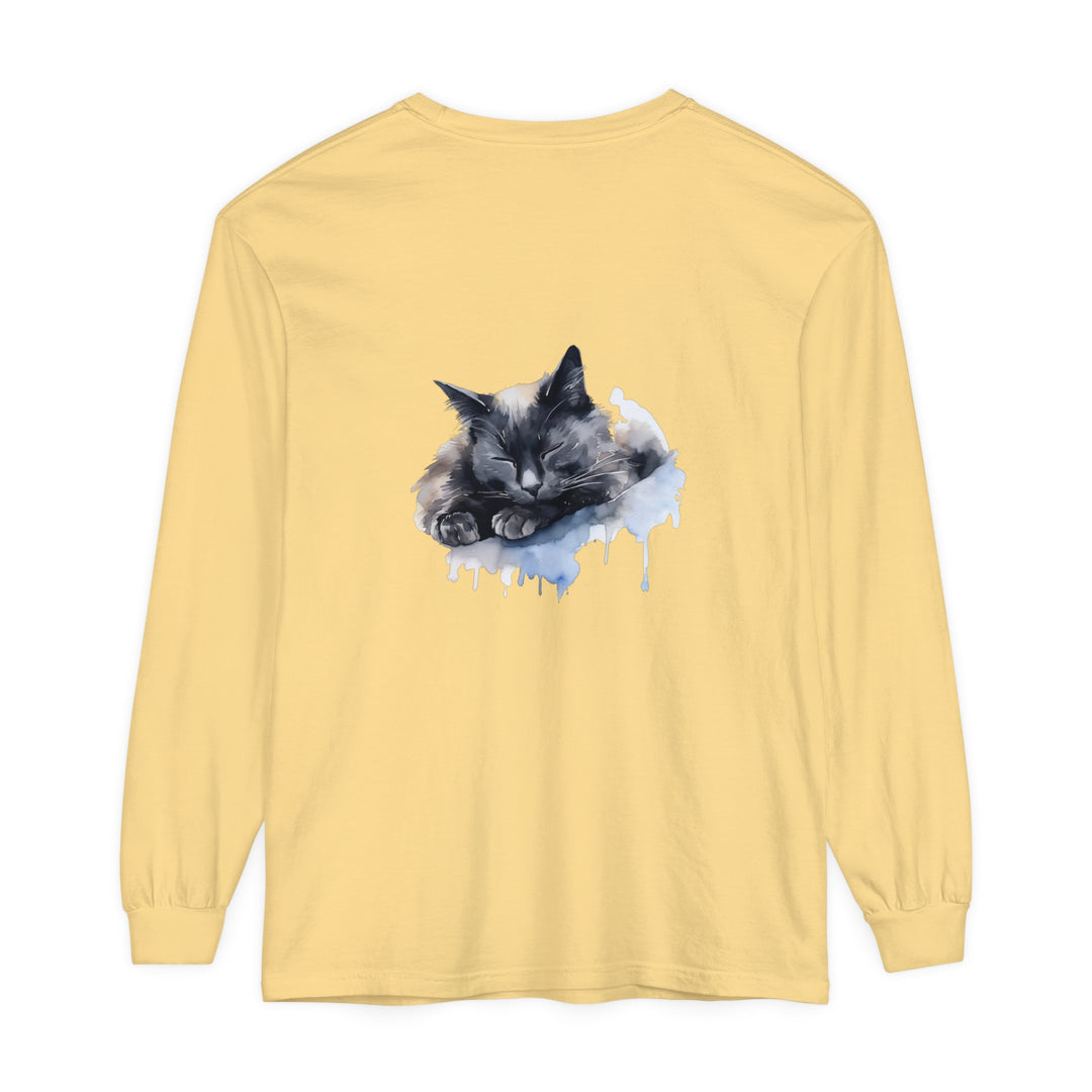 A watercolor illustration of a cute sleeping cat on a t-shirt