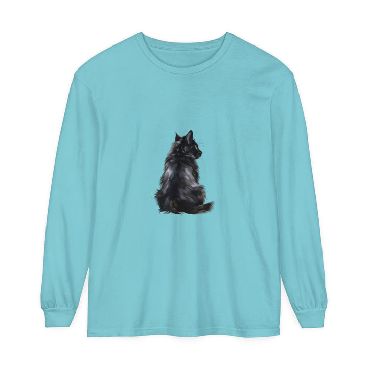 Black Cat Mystique Long Sleeve T-Shirt - A striking black shirt featuring a mysterious cat design