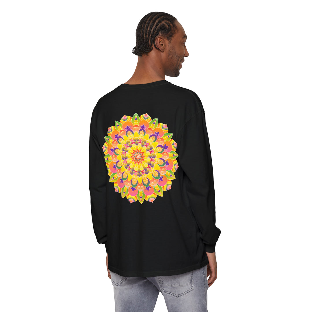 Colorful and eye-catching mandala design on a comfortable unisex long sleeve t-shirt