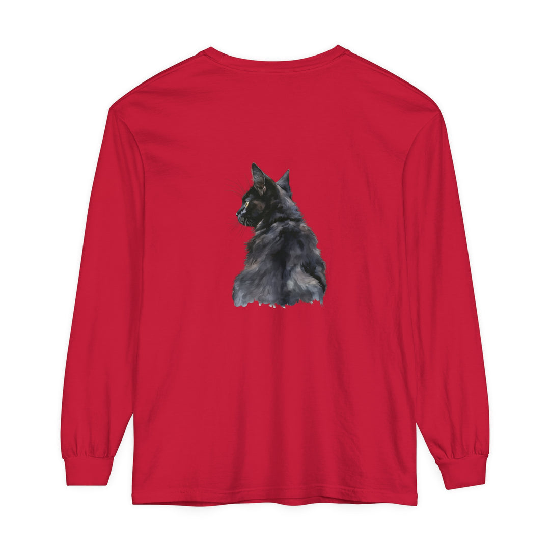 Black Cat Watercolor Long Sleeve T-Shirt featuring a vibrant watercolor design of a black cat on a high-quality, comfortable long sleeve t-shirt