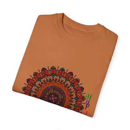 Unisex garment-dyed tee with handmade pumpkin mandala art for Halloween