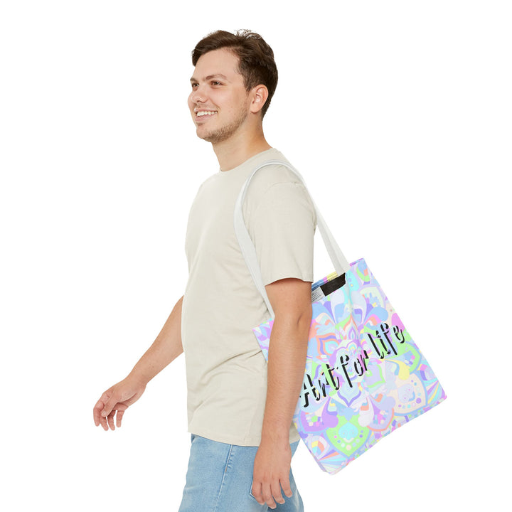 Colorful and vibrant mandala tote bag with inspiring 'Art for Life' quote, perfect for carrying your essentials in style