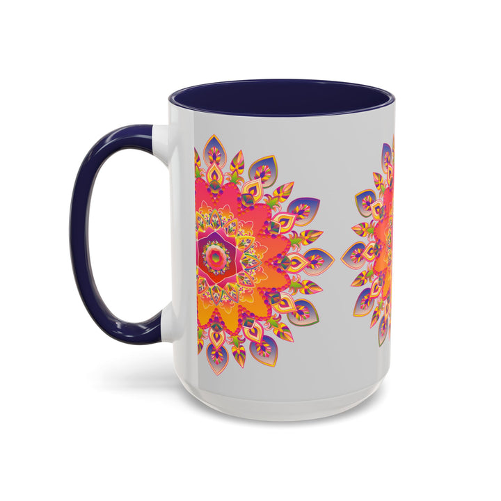 Beautiful mandala art mug with vibrant colors on a grey background