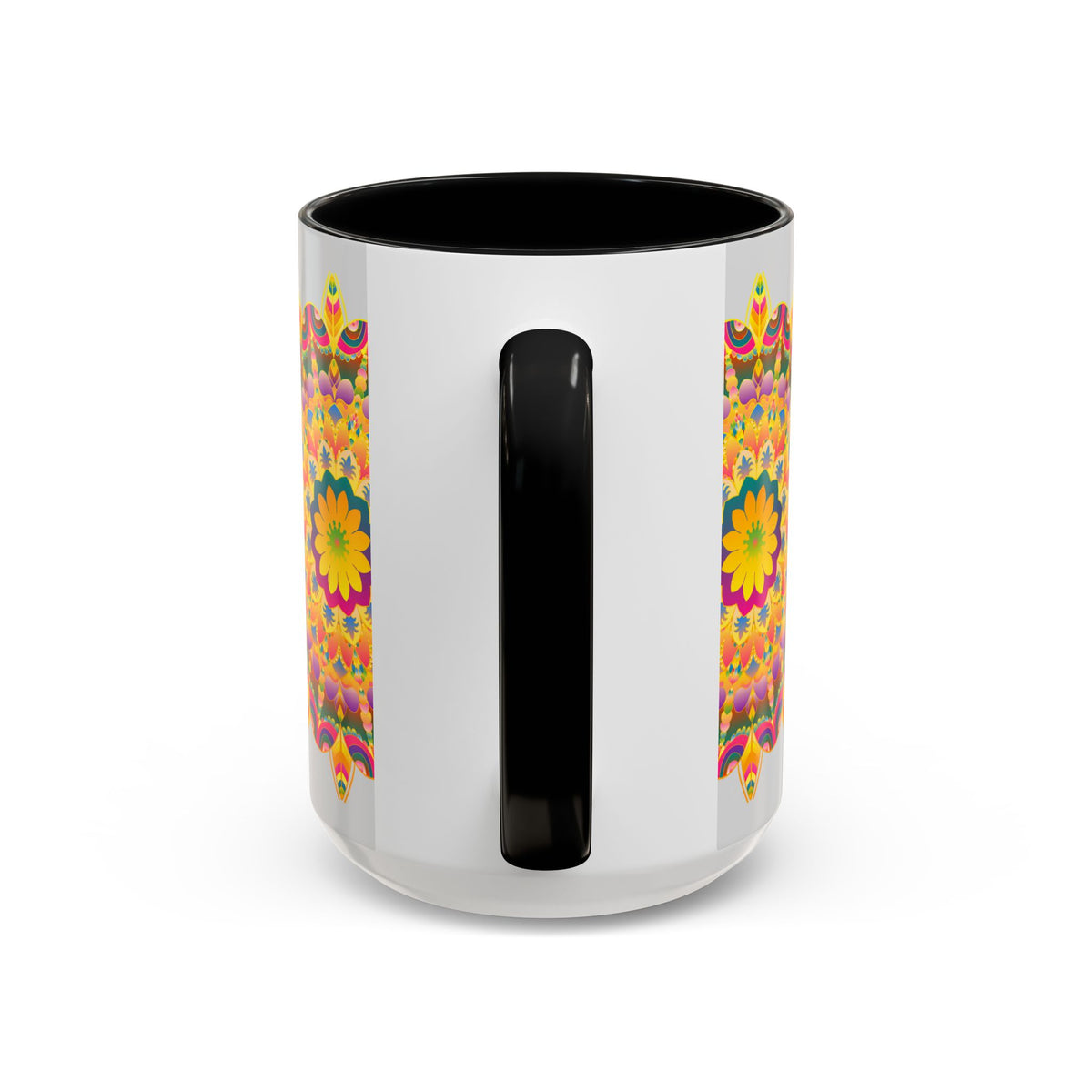 A vibrant and colorful mandala art mug with intricate floral design