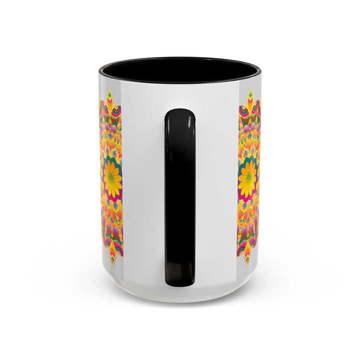 A vibrant and colorful mandala art mug with intricate floral design