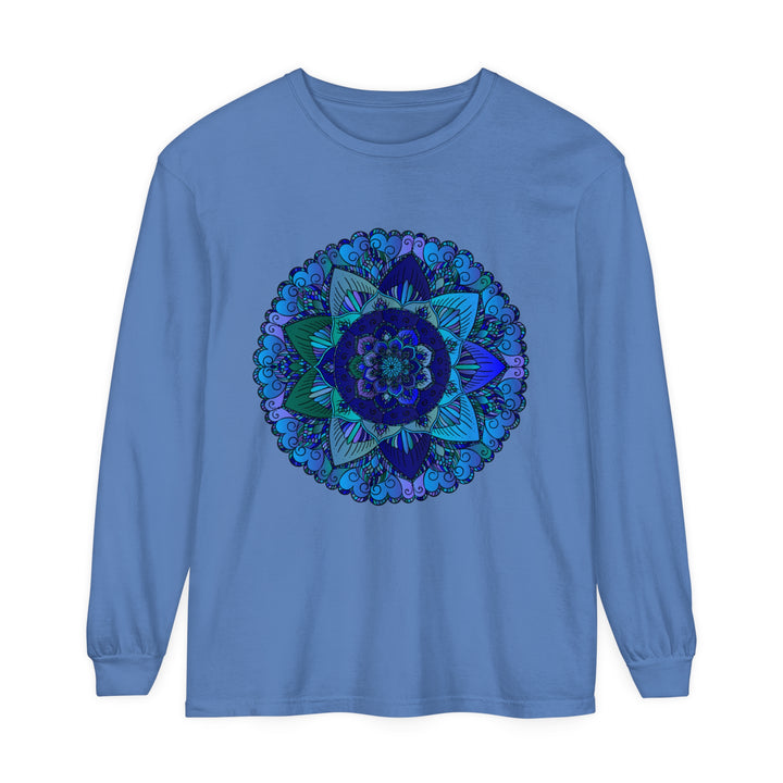 Dark blue and green mandala long sleeve t-shirt with intricate design