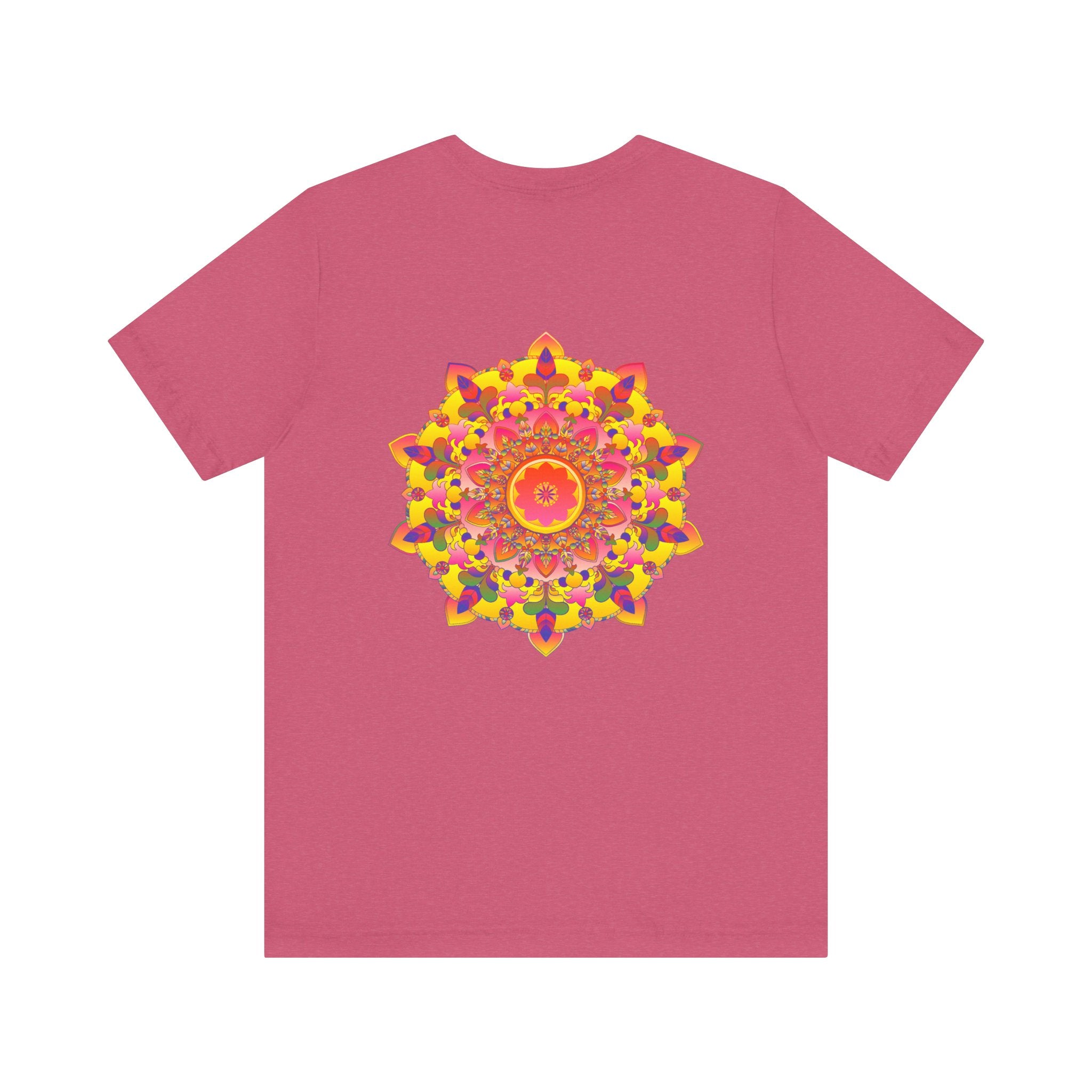 A close-up image of a vibrant mandala tee featuring intricate spiritual designs, symbolizing peace and harmony