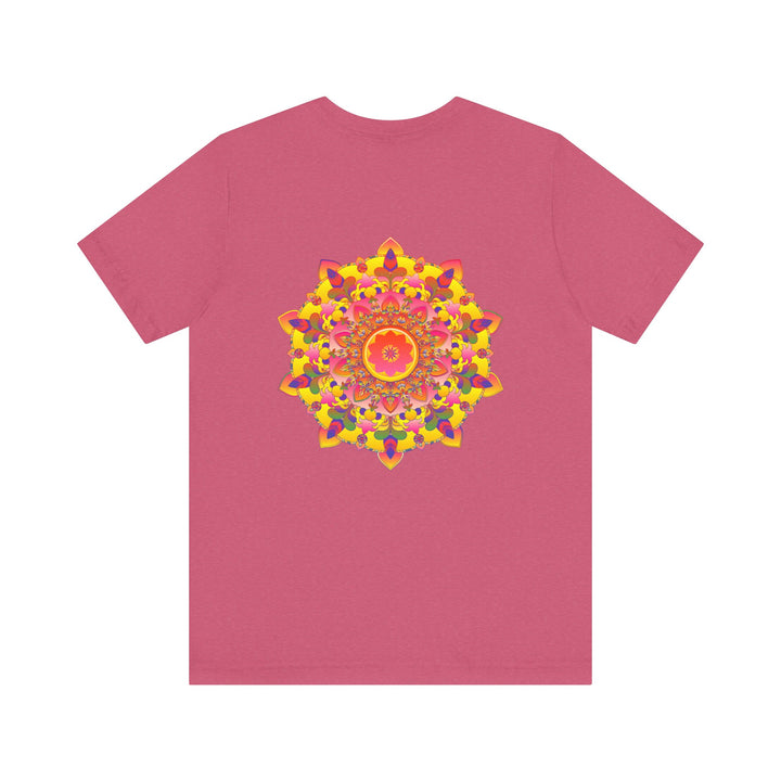 A close-up image of a vibrant mandala tee featuring intricate spiritual designs, symbolizing peace and harmony