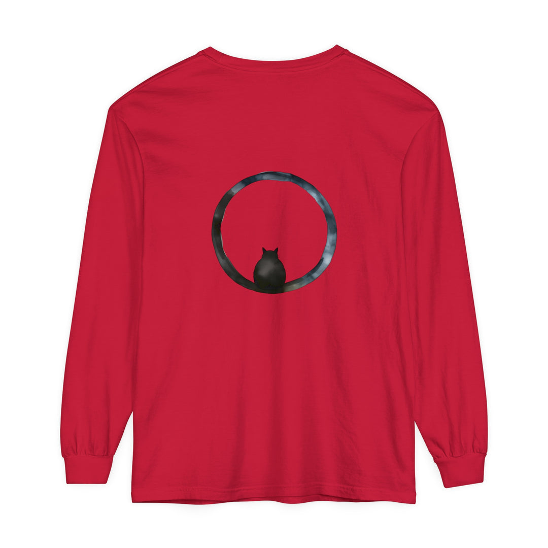 A close-up image of a Mystifying Sphere Unisex Long Sleeve T-Shirt, featuring a mesmerizing sphere design in vibrant colors