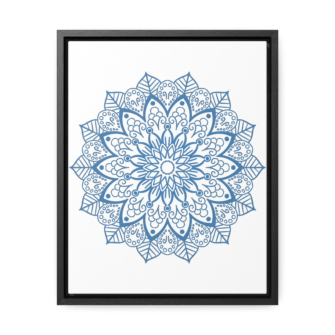 A stunning Mandala Handmade Art steel blue design wall art on gallery canvas wraps in a vertical frame