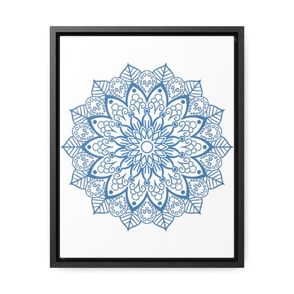 A stunning Mandala Handmade Art steel blue design wall art on gallery canvas wraps in a vertical frame