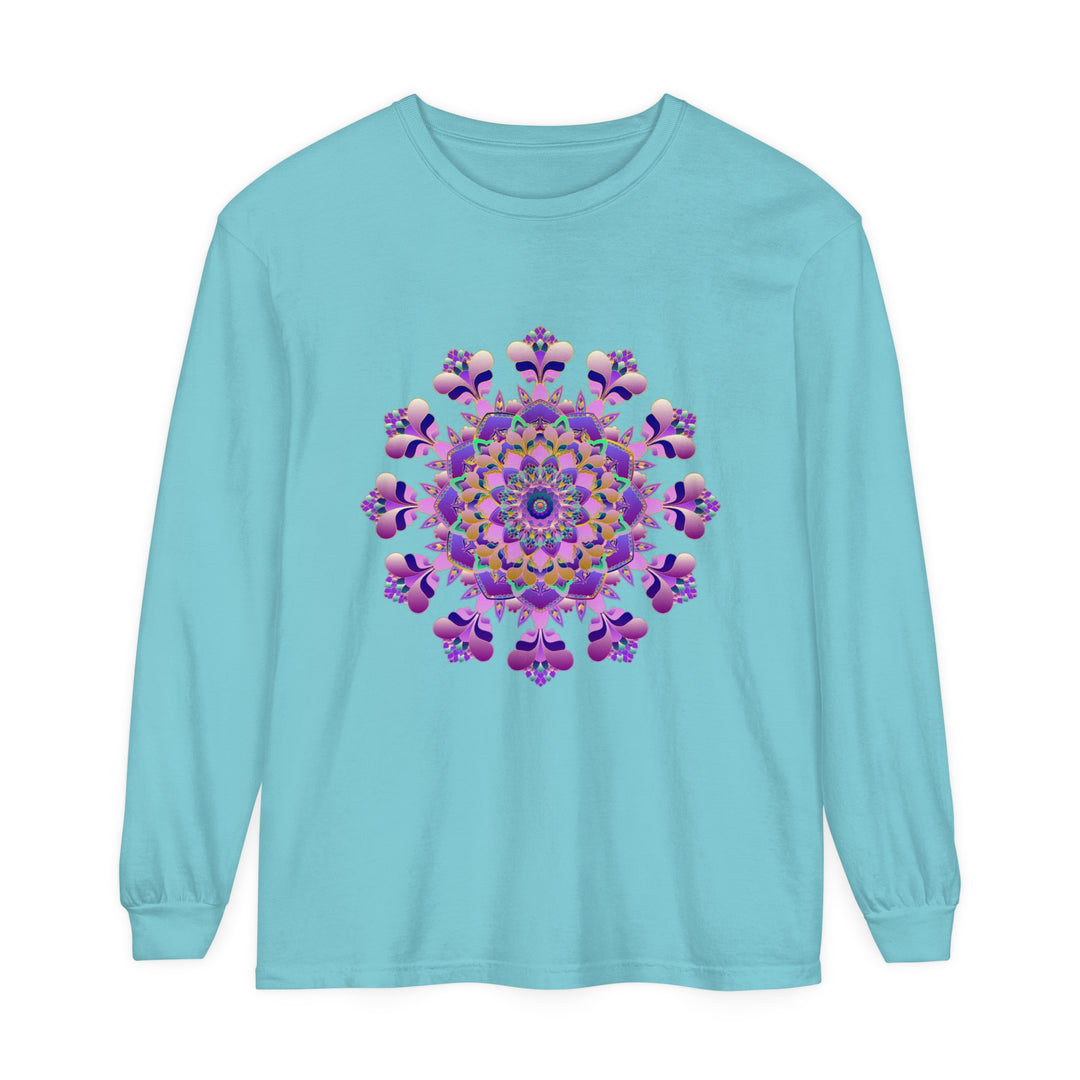 A close-up image of a unisex long sleeve t-shirt featuring an intricate mandala design in vibrant colors