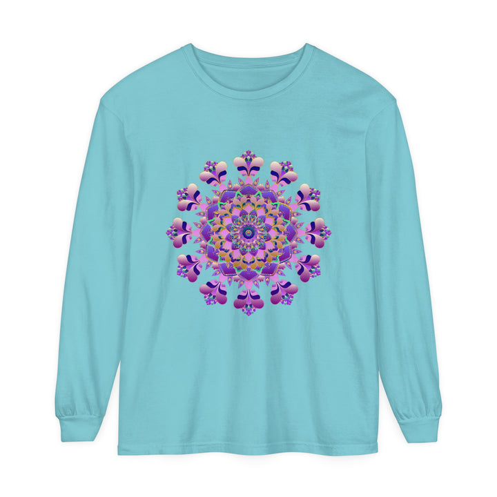 A close-up image of a unisex long sleeve t-shirt featuring an intricate mandala design in vibrant colors